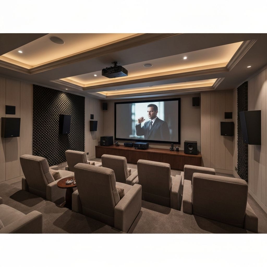 Premium home cinema room with cinematic lighting and surround sound